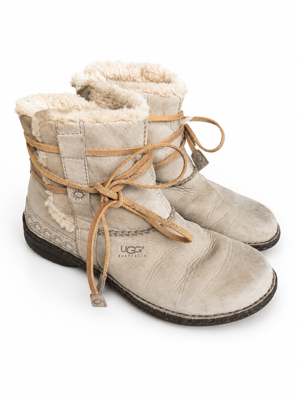 UGG Cove Shearling Wrap Leather Ankle Boots Cozy Comfort Shoes Cream Beige 9